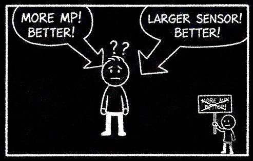 confused person between 'More MP! Better!' and 'Larger Sensor! Better!' captions.