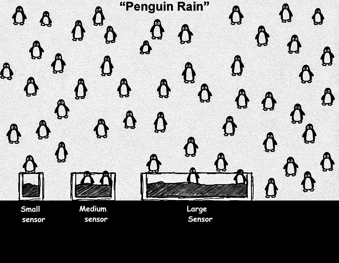 Diagram showing Small, Medium, and Large sensors collecting 'Penguin Rain' (light).